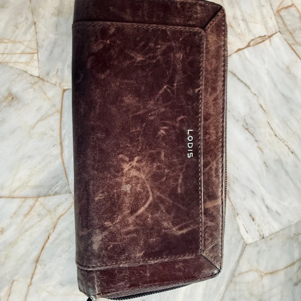 Lodis Brown Distressed Leather Zip Around Continental Wallet Organizer